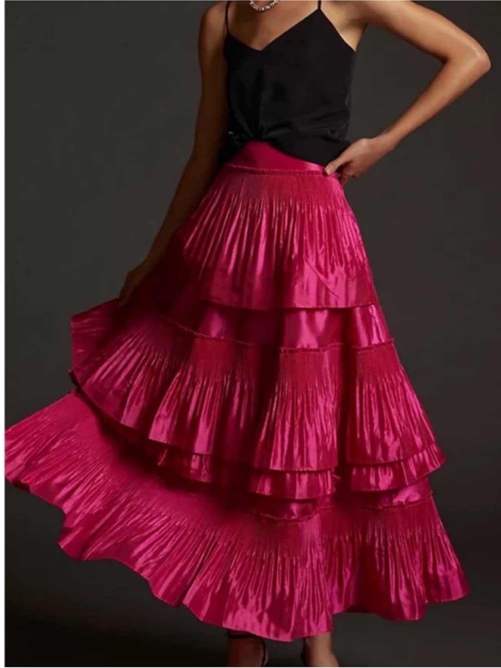 Anthropologie Fuchsia Tiered Satin Maxi Skirt